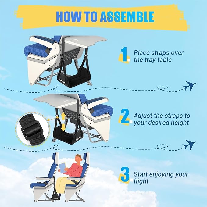 Airplane Foot Hammock, No Collapse Foot Rest for Plane Travel with Extended Adjustment Strap, Portable Desk Foot Hammock with Thickened Foam, Foot Sling Travel Essentials to Relax Your Feet(Black 2PC)