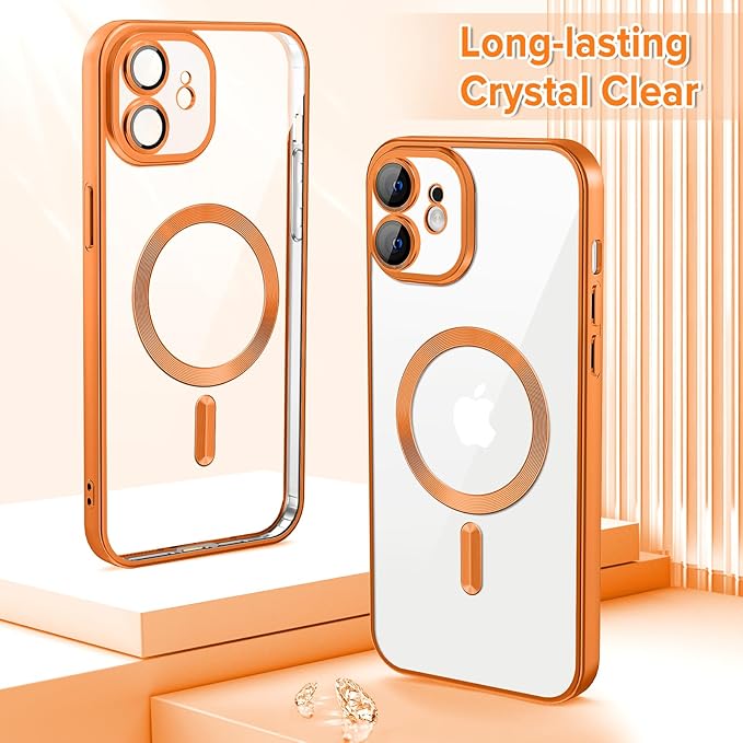 Hython Magnetic Clear for iPhone 11 Case with Camera Lens Protector [Compatible with MagSafe] Luxury Plating Edge Slim Soft TPU Cover Protective Phone Case for iPhone 11 6.1", Matte Orange