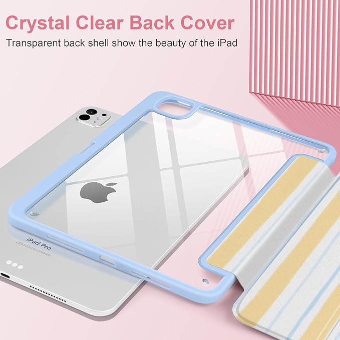 Case for iPad Pro 11 Inch (M5 2025 M4 2024) – [Built-in Pencil Holder], Shockproof & Stylish, Clear Hard Back + Soft TPU Edge, Magnetic Trifold Stand, Auto Wake/Sleep, Watercolor Stripes