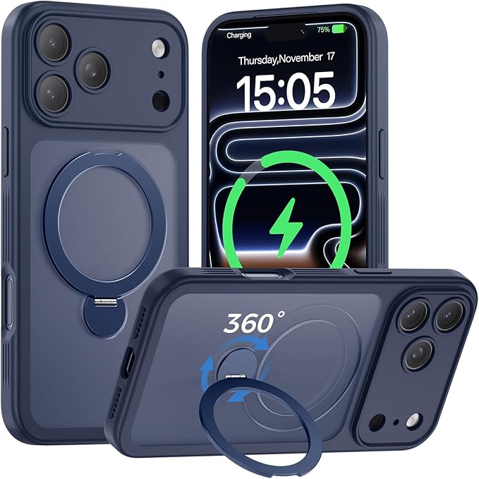 for iPhone 17 Pro Max Case [ 360° Spin Magnetic Stand] [Full Camera Protection] Compatible with Magsafe, 15FT Military-Grade Protection, Translucent Anti-Slip Phone Case 6.9'', Deep Blue