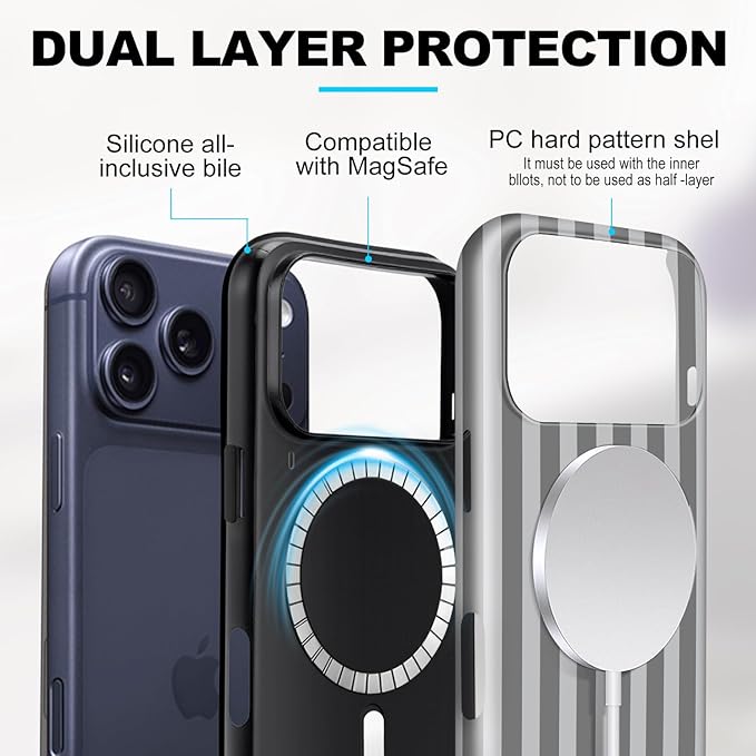 Magnetic for iPhone 17 Pro Max Case Cute Stripes Phone Case, Shockproof Slim TPU and Hard PC Protective Phone Cover Compatible with MagSafe Designed for Women Girls, Gray