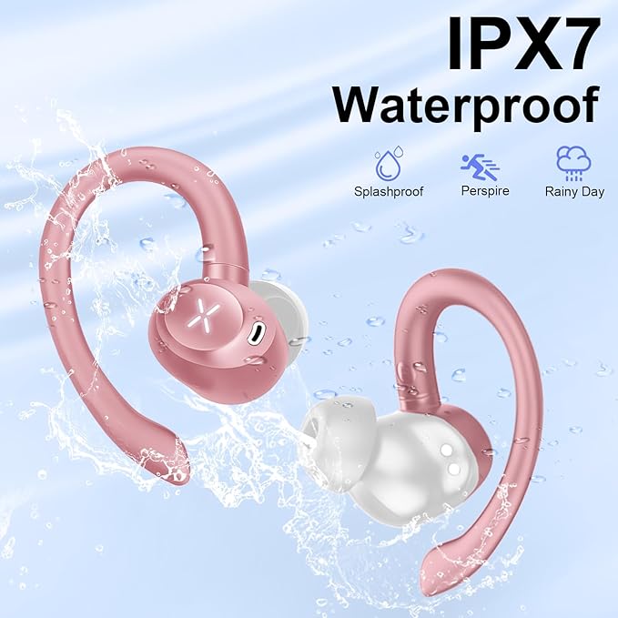Wireless Earbuds, Sports Bluetooth 5.4 Headphones, Bass Sound 50Hrs Playtime Ear buds with Noise Cancelling Mic, Fast Charging Digital Display IPX7 Waterproof Earphones for Workout/Sports (Rose Gold)
