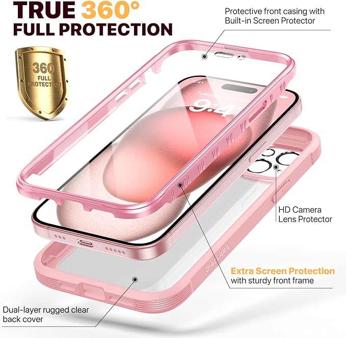 Diaclara Designed for iPhone 15 Case, Full Body Rugged Case with Built-in Touch Sensitive Anti-Scratch Screen Protector, with Camera Lens Protector for iPhone 15 6.1" (Coral Pink)