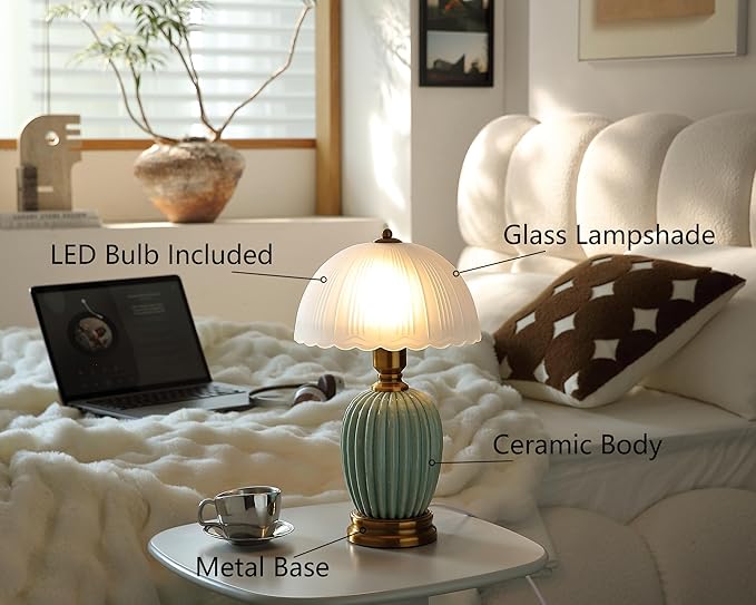 Glivpny Vintage Table Lamp for Living Room,16" Mid Century Modern Ceramic Lamps for Bedroom,Retro Bedside Nightstand Mushroom Glass Lamps, Classic Chinoiserie Green Lamp for Home Decor (LD003)