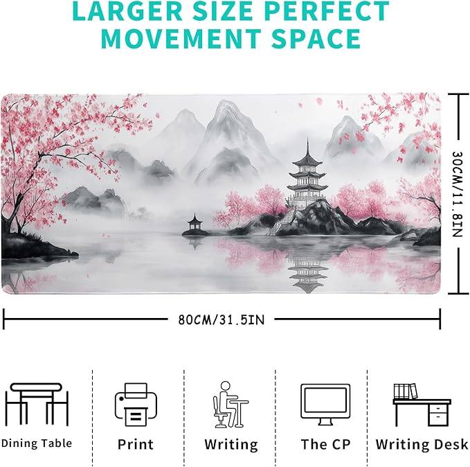 Pagoda Mouse Pad 31.5x11.8 Inch White Full Desk Japanese Mousepad Extended Large Non-Slip Rubber Base Waterproof Big Keyboard Mat with Stitched Edges for Gaming and Office
