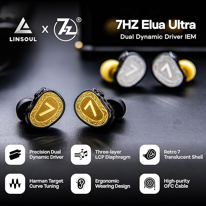 Linsoul 7Hz Elua Ultra in Ear Monitor, Dual Dynamic Driver Earphone, HiFi Wired IEM Earbuds with High-Purity Oxygen-Free Copper Cable for Musicians Audiophiles (Silver)