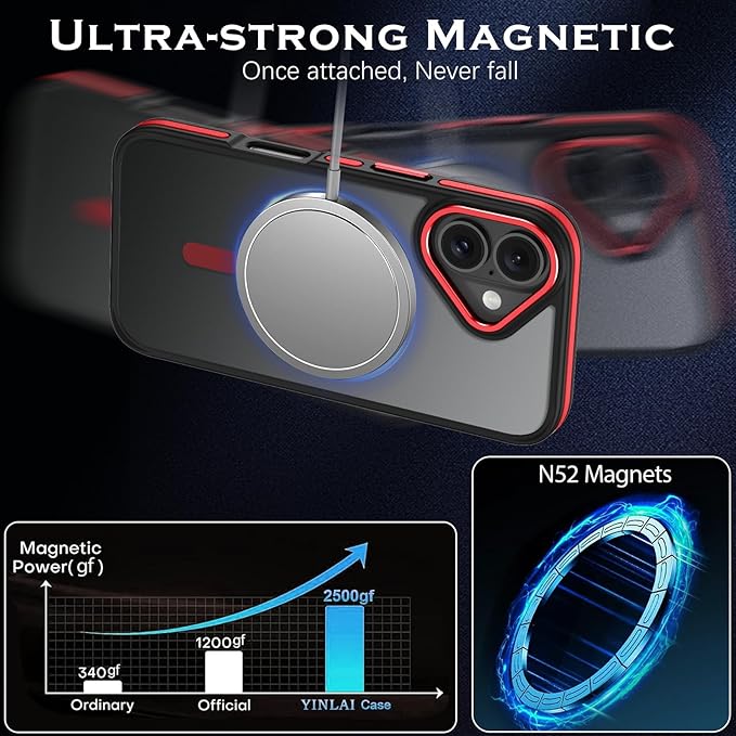 YINLAI Case for iPhone 16 Plus 6.7-Inch, iPhone 16 Plus Phone Case Magnetic [Compatible with Magsafe] Slim Translucent Matte Men Women Girls Shockproof Protective Back Cover, Black/Red