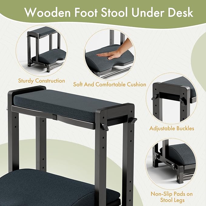 Double Step Foot Rest Under Desk, Adjustable Wooden Desk Foot Rest with 4 Heights, Ergonomic Foot Stool with Cushion for Office, Gaming & Study (Black)