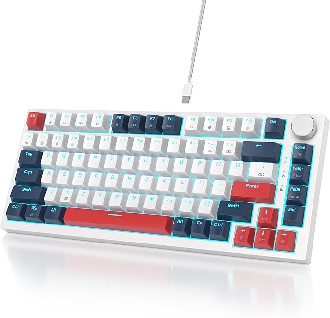 Owpkeenthy Wired 75% Mechanical Gaming Keyboard, 82 Key Gasket Mechanical Keyboard with Volume Knob Hot Swappable Linear Red Switch RGB Backlit for PC Laptop (White Earth)