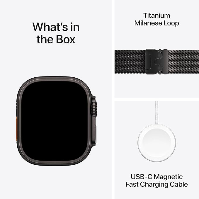 Apple Watch Ultra 3 [GPS + Cellular 49mm] Running & Multisport Smartwatch w/ Rugged Titanium Case w/ Black Titanium Milanese Loop - L w/ AppleCare+ (2 years)