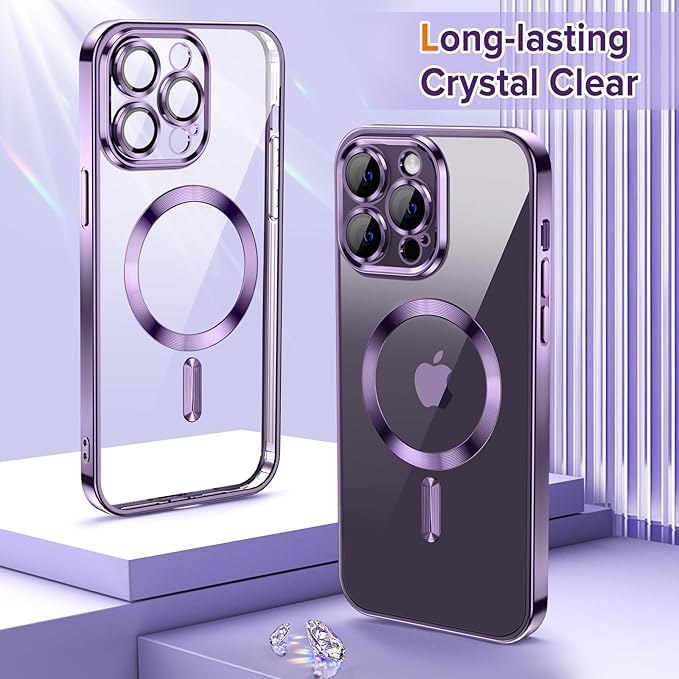 Hython Magnetic Clear for iPhone 14 Pro Case with Camera Lens Protector [Compatible with MagSafe] Luxury Plating Edge Slim Soft TPU Cover Protective Phone Case for iPhone 14 Pro 6.1", Deep Purple