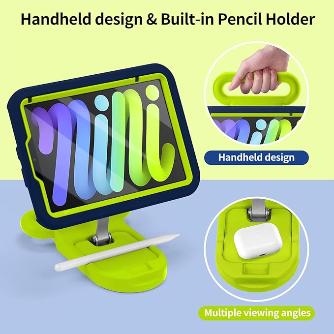 Kids Case for iPad mini 7 (A17 Pro) 2024 /iPad Mini6 2021,Adjustable Portrait/Landscape Stand//Drop Proof with Handle/Kickstand,Child Friendly Case for iPad mini 7th/6th Gen 8.3inch (Bluegreen)