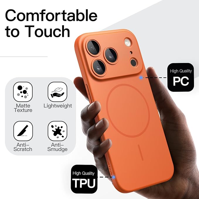 JETech Magnetic Slim Case for iPhone 17 Pro Max 6.9-Inch, Compatible with MagSafe, Ultra-Thin Lightweight Minimalist Phone Cover with Matte Finish and Full Camera Lens Protection (Orange)