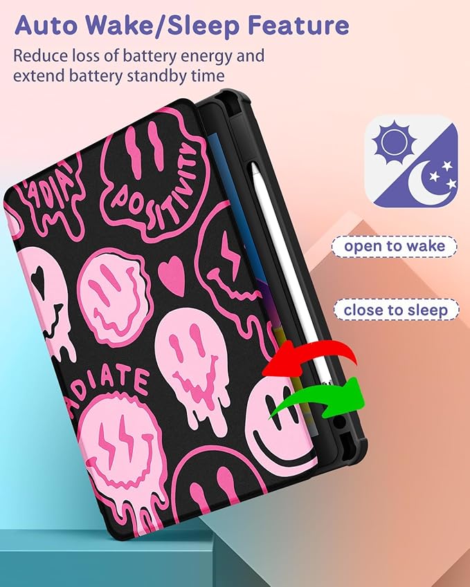 Uppuppy for iPad Pro 12.9 Case Folio Cover with Pencil Holder Women Cute Girls Girly Smile Design Unique Kawaii Fashion Rotating Stand for Apple iPad Pro 12.9 Inch Cases 2022/2021/2020/2018