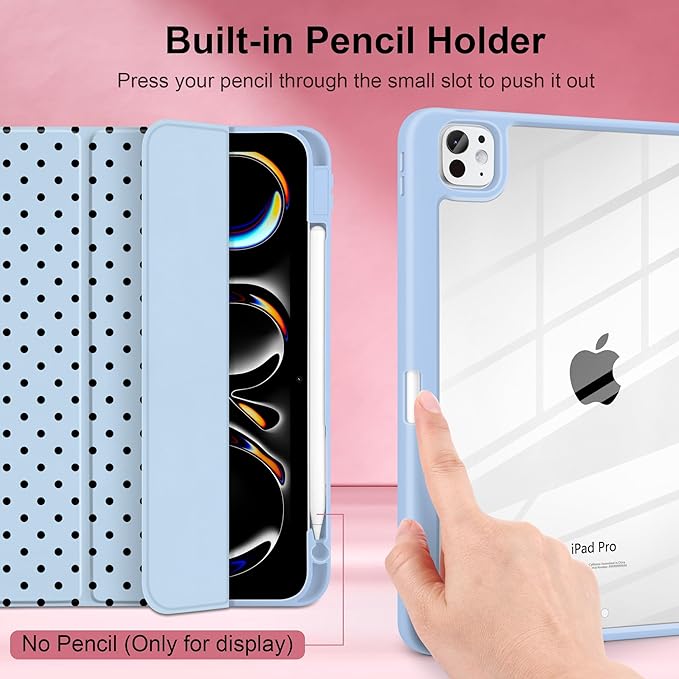 Case for iPad Pro 13 Inch (M5 2025 M4 2024) – [Built-in Pencil Holder], Shockproof & Stylish, Clear Hard Back + Soft TPU Edge, Magnetic Trifold Stand, Auto Wake/Sleep, Blue Polka dot