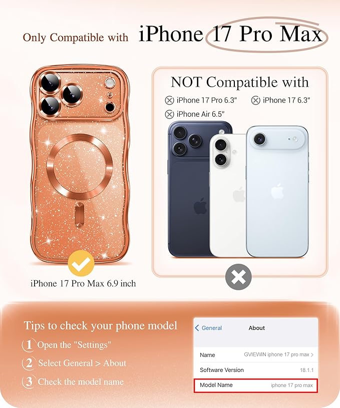 GVIEWIN for iPhone 17 Pro Max Case Compatible with MagSafe, Upgraded [Full Camera Protection][Cute Wave Frame][Military Grade Protection] Electroplated Hard Phone Cover for Women Girl, Black