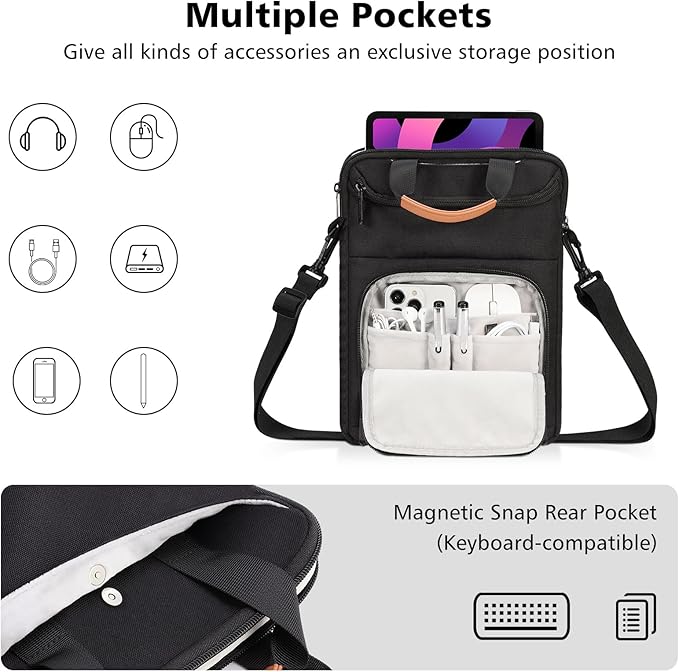 MoKo 10-13 Inch Tablet Sleeve Carrying Bag Fits New 13" iPad Pro M5 & Air M3 2025, i-Pad Pro 12.9/11, 11" iPad A16/Air M3,Galaxy Tab S9/S8 Plus 12.4, with Shoulder Strap, Handle and Pockets, Black