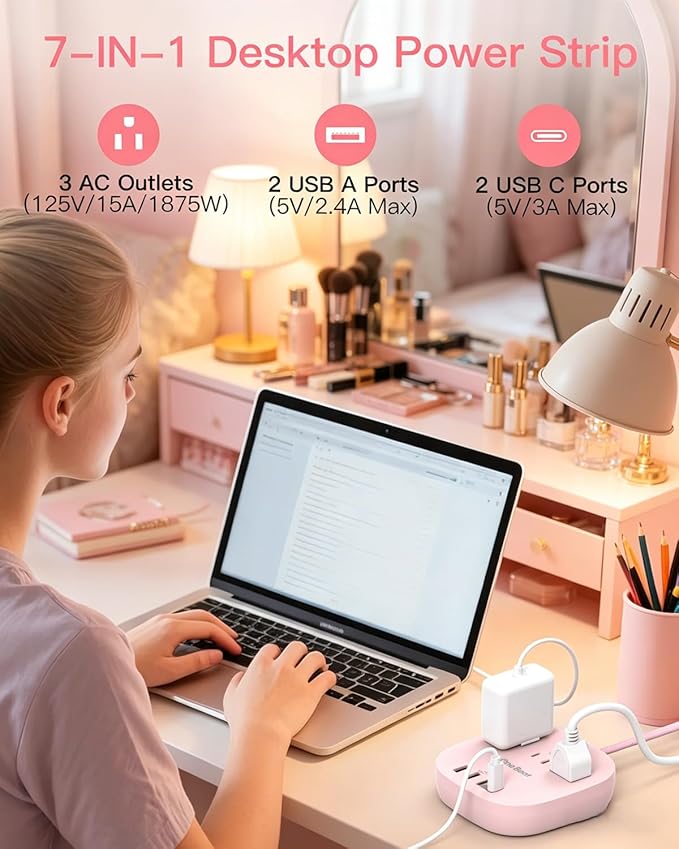 Cruise Ship Travel Essentials, 22.5W/4.5A Flat Plug Power Strip, 6Ft Extension Cord, 3 Outlets 4 USB Ports (2 USB C) Cruise Approved Power Strip No Surge Protection, Desktop Charging Station, Pink