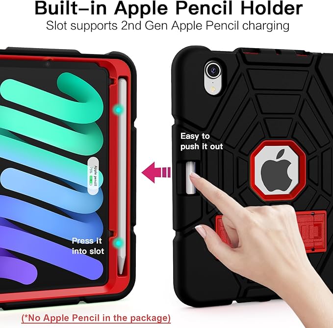 Grifobes Case for iPad mini 7th 2024 (A17 Pro) / Mini 6th Generation 2021 8.3", Heavy Duty Shockproof Cover with Pencil Holder Stand, for i Pad Mini 7/6 Gen 8.3 inch Case (Black+Red+Red)