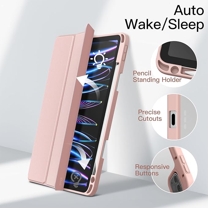 JETech Case ONLY for iPad Pro 11 Inch (2022/2021/2020/2018) with Pencil Holder, Clear Transparent Back Shell Slim Stand Shockproof Tablet Cover, Auto Wake/Sleep (Rose Gold)