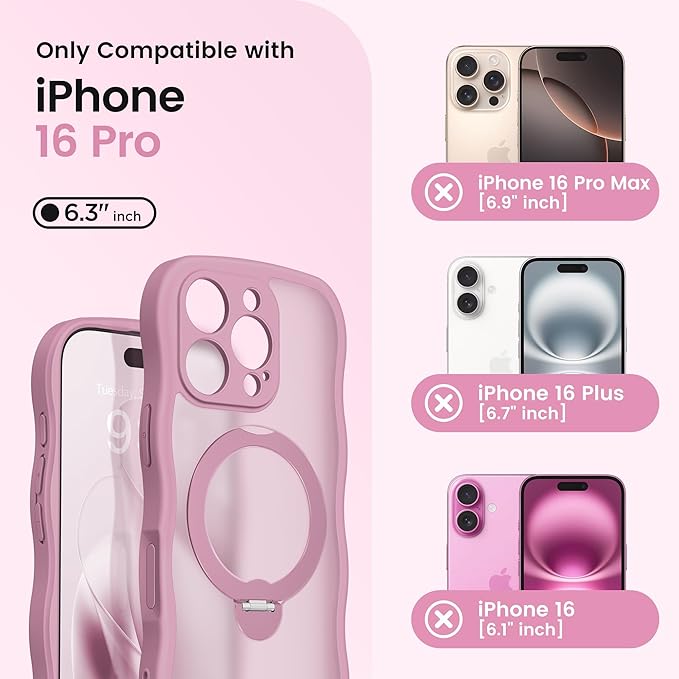 CAPRARO for iPhone 16 Pro Case with 360° Spin Magnetic Stand for Women, [Compatible with MagSafe] [Full Camera Protection] Cute Wave Translucent Matte Case for iPhone 16 Pro, Black Currant