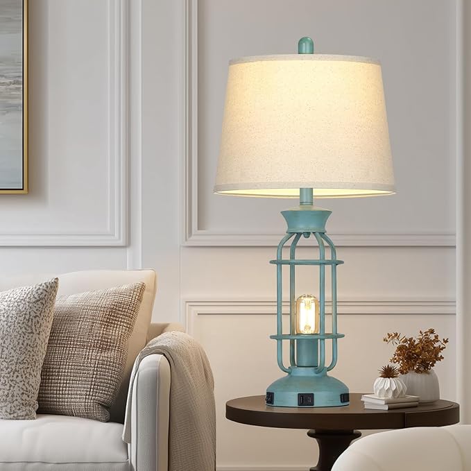 28" Tall Farmhouse Table lamps for Living Room, Vintage Industrial Table Lamp with USB C+A Ports & Outlet, Rustic Bedside Lamps with 2 Nightlight & Linen Fabric Shade for Nightstand Bedrooms Desk Blue