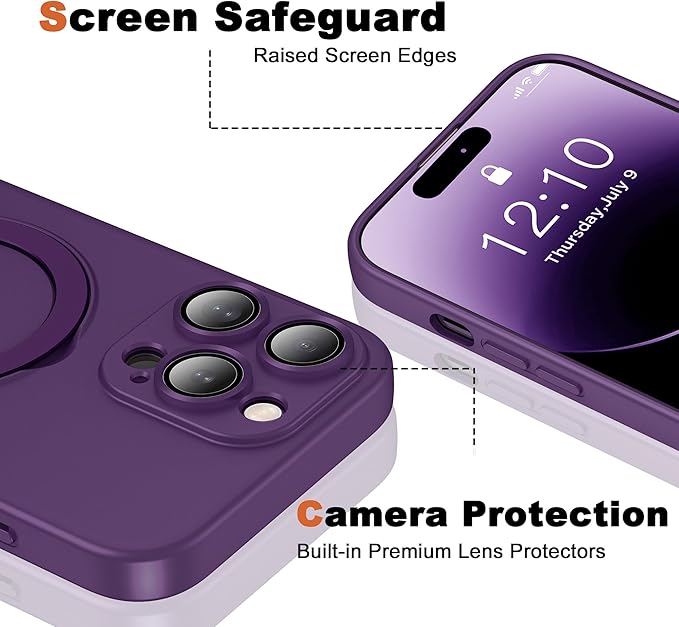 Compatible with iPhone 14 Pro Case with Magnetic Ring Stand [Compatible with Mag-Safe] [Full Camera Lens Protector] Soft Plating Phone Case for iPhone 14 Pro 6.1", Solid Purple