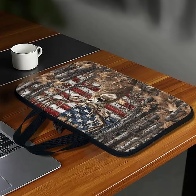 American Flag Deer Forest 10 Inch Laptop Sleeve for Men Women Portable Computer Bag with Handle Tablet Cover Laptop Tote Bag Carrying Case Handbag for Office Travel Business School