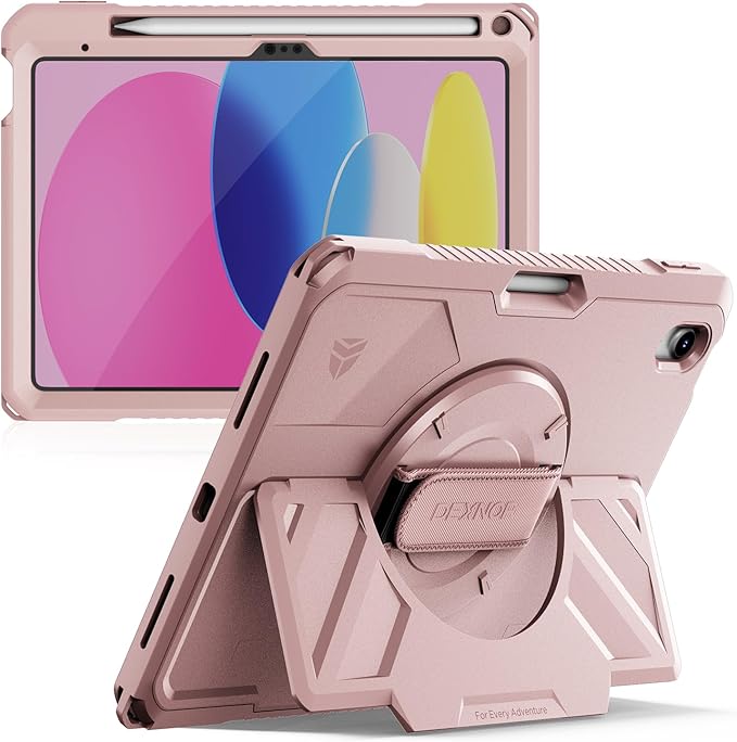 Dexnor Case for iPad (A16) 11th/10th Generation 2025/2022 (11″/10.9″),Rugged Protective Case with 360° Rotating Hand Strap& Stand & Screen Protector & Pencil Holder Shockproof Full-Body Cover, Pink