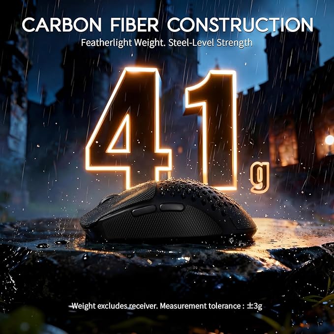 MAMBASNAKE M2 Carbon Fiber Wireless Gaming Mouse,PAW3395PRO 40K DPI Optical Sensor,41g Ultra Lightweight Ergonomic,Programmable Buttons BT/2.5Ghz/Wired Computer Mice for PC/Mac-Black&Griptape