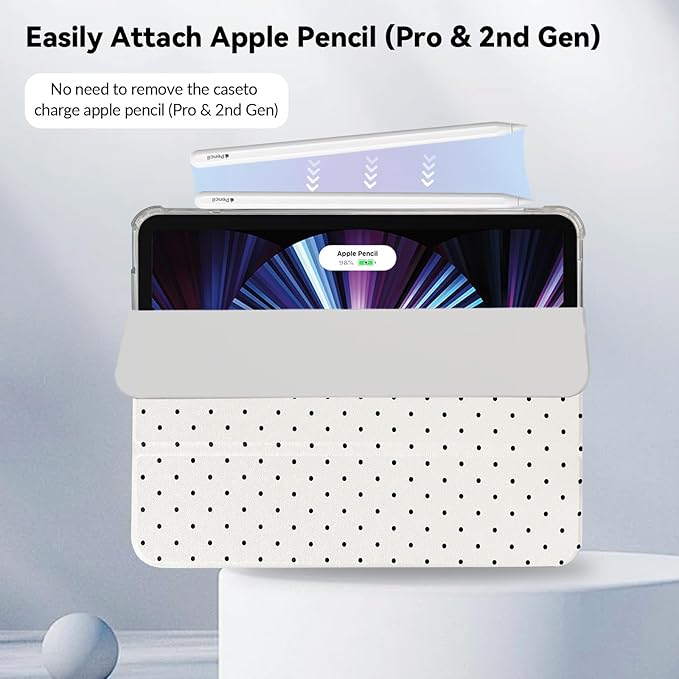 Lovmooful Compatible for iPad Pro 12.9-Inch 2022/2021/2020/2018 (6th/5th/4th/3rd Generation) Case with Pencil Holder Cute Polka Dot with Aesthetic Design Soft TPU Trifold Stand Protective-White