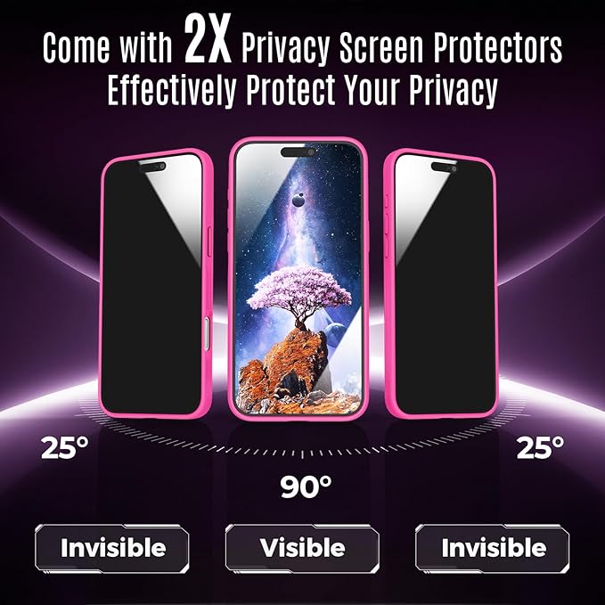 Symcele Designed for iPhone 16 Case, Compatible with MagSafe, with Privacy Screen Protectors X2, [Camera Protection] [15FT Military Drop Protection] Shockproof Phone Case, 6.1", Hot Pink