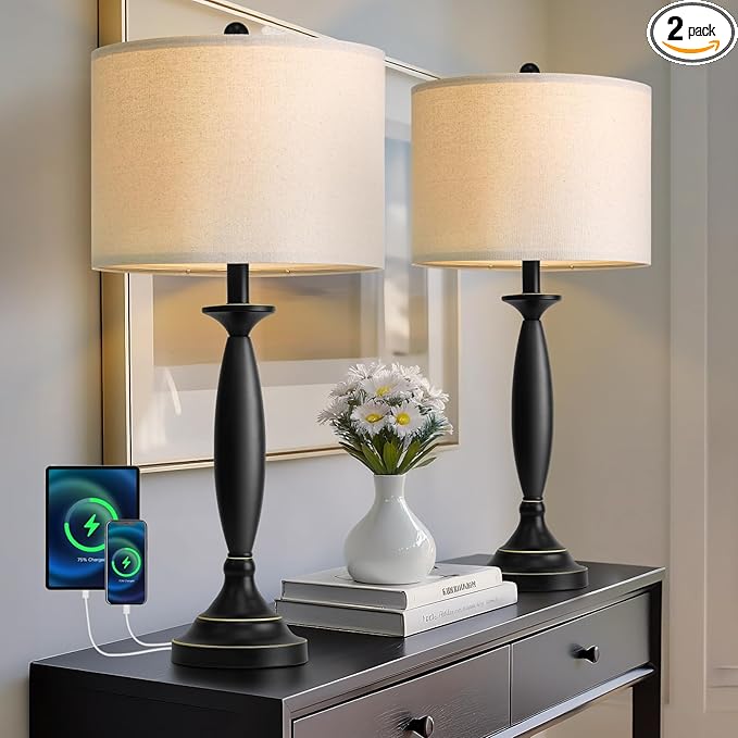Oneach 28" Modern Table Lamps Set of 2 for Living Room, Black Metal Bedside Lamps with USB Ports, Nightstand Lamps Set for Bedroom End Table Home Office(Bulbs not Included)