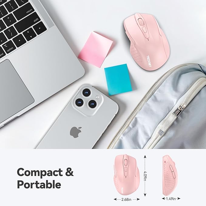 TECKNET Wireless Mouse, 2.4G Ergonomic Optical Mouse, Computer Mouse for Laptop, PC, Computer, Chromebook, Notebook, 6 Buttons, 24 Months Battery Life, 2600 DPI, 5 Adjustment Levels - Pink