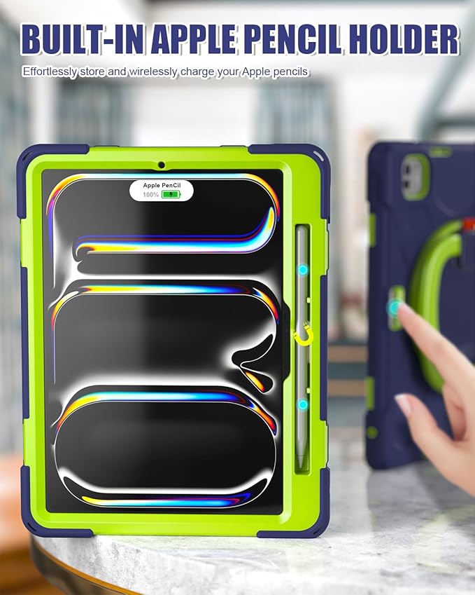 BRAECN for iPad Pro 11 Inch Case (M5/M4) 2025/2024, Shockproof Silicone Cover with Built-in Screen Protector, Multiple Adjustable Viewing Angles, Shoulder Strap, Handle Grip, Pencil Holder, Navy Green