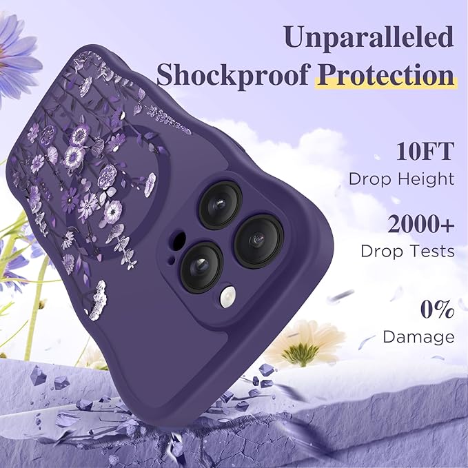 GVIEWIN for iPhone 14 Pro Max Case Compatible with MagSafe [Curly Wave Edge][Full Camera Protection] Floral Translucent Shockproof Magnetic Women Phone Case for 14 Pro Max, Floratopia/Deep Purple