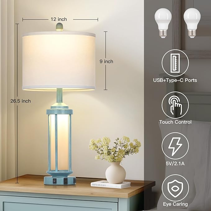 Lolikit 27" Tall Farmhouse Table Lamps for Living Room, Rustic Vintage Table Lamp with USB A+C Charging Ports & AC Outlet, Modern Retro Industrial Nightstand Bedside Lamp for Bedroom Side Table Decor