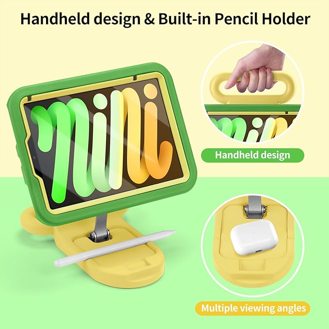 Kids Case for iPad mini 7 (A17 Pro) 2024 / iPad mini 6 2021, Adjustable Portrait/Landscape Stand, Drop Proof Handle Kickstand, Child Friendly with Screen Protector for iPad mini7th/6 8.3 inch(Green)