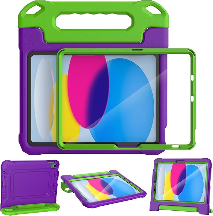 YIHE Kids Case for iPad (A16) 11th Generation 11 Inch 2025 & iPad 10th Generation 10.9 inch 2022, with Built-in Screen Protector and Handle Stand, Full Body Shockproof Protective Cover, PurpleGreen