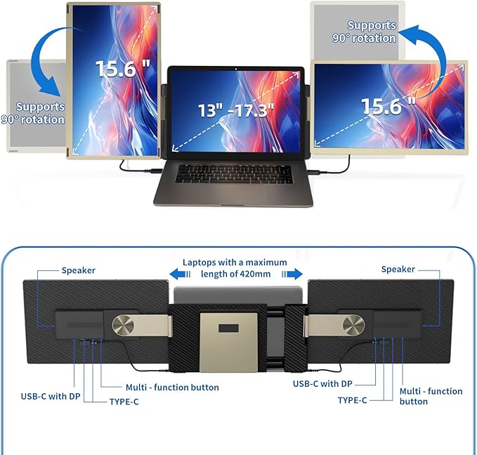 Laptop Screen Extender - 15.6'' 1080P Monitor Extender Detachable Screen Triple Monitor for Laptop 13"-17.3" Compatible with Mac/Windows