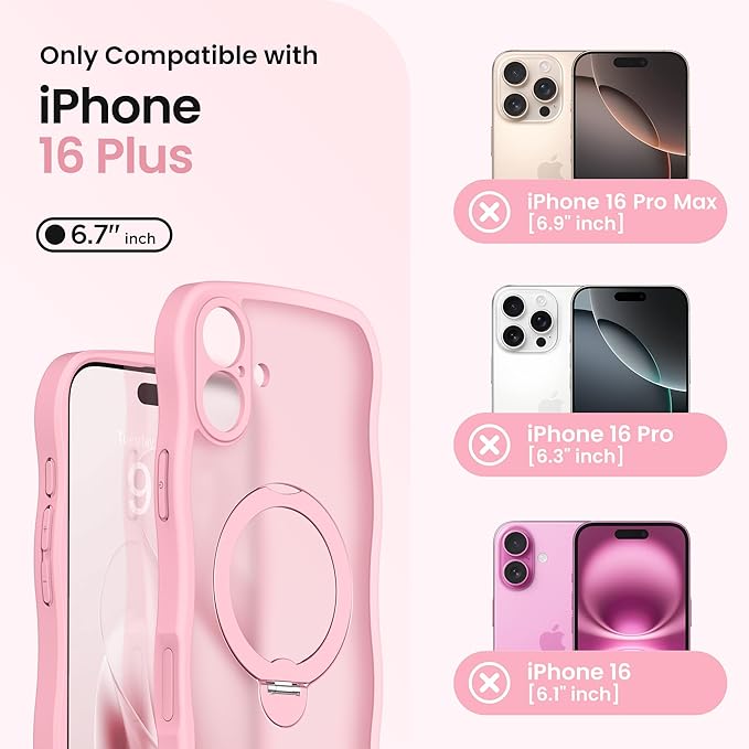 CAPRARO for iPhone 16 Plus Case with 360° Spin Magnetic Stand for Women, [Compatible with MagSafe] [Full Camera Protection] Cute Wave Translucent Matte Case for iPhone 16 Plus, Peach Pink