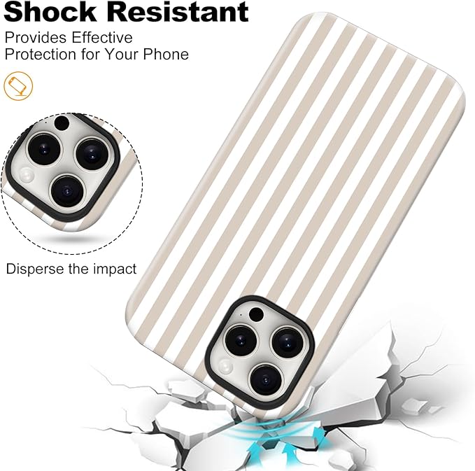Magnetic for iPhone 16 Pro Max Case Cute Stripes Phone Case, Shockproof Slim TPU and Hard PC Protective Phone Cover Compatible with MagSafe Designed for Women Girls, Apricot