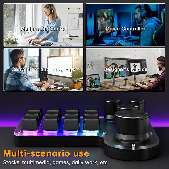 Programmable Macro Keyboard 12-Keys 4 Knob Gaming Keypad with USB Wired+BT Dual Mode Multi-Purpose Shortcut Custom Keypad for PC Desk