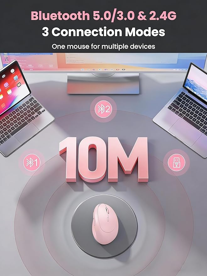 Ergonomic Mouse, Bluetooth Wireless Vertical Mouse, Rechargeable Battery, Quiet Clicks, DPI Adjustable, BT5.0/3.0 & 2.4G Connect, Easy to use, Wide Compatibility (Pink)