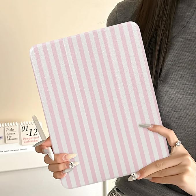 Lovmooful Compatible for iPad Pro 11-Inch,2022/2021/2020/2018 Model(4th/3rd/2nd/1st Generation) Case with Pencil Holder Cute Striped with Aesthetic Design Soft TPU Trifold Stand Protective-Pink&White