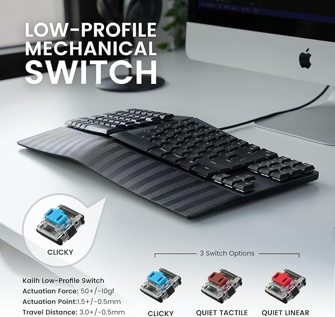 Perixx PERIBOARD-335BL Wired Ergonomic Mechanical Compact Keyboard - Low-Profile Blue Clicky Switches - Programmable Feature with Macro Keys - Compatible with Windows and Mac OS X - US English