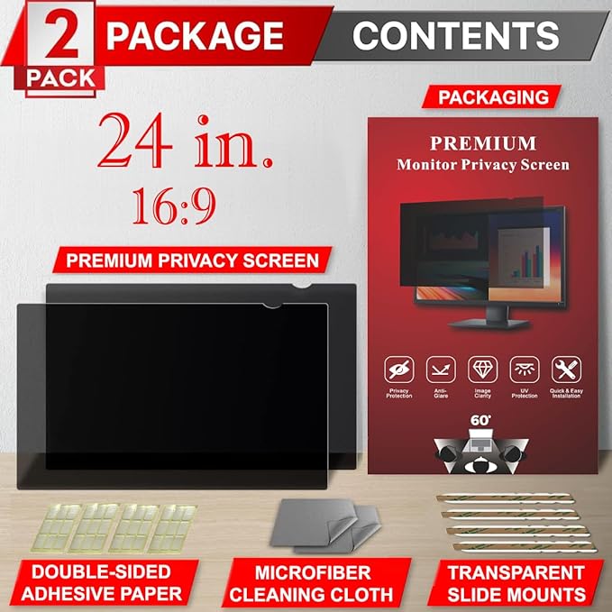[2 Pack] 24 Inch Privacy Screen Filter for Widescreen 16:9 Monitor | Privacy Shield | Anti-Glare | Anti-Blue light | Eye Protection | ANTI-SPY | Computer Security Private Filter Protector