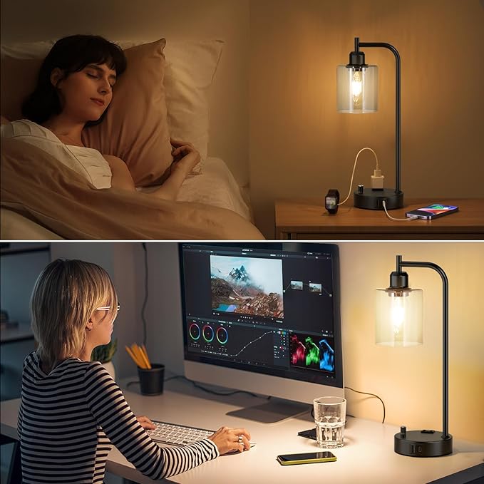 Industrial Nightstand Lamps for Bedrooms Set of 2 - Fully Dimmable Bedside Lamps with USB A C Ports and Outlet, Black Table Lamps with Clear Glass Shade for Living Room, Desk Lamps for Office Reading