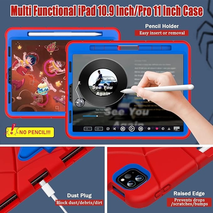 AKABEILA Compatible with Apple iPad Pro 11 inch(2018)/Apple Air 4 10.9(2020)/Air 5 10.9(2022)/Air 6 M2 (2024)/Air 7 M3 (2025) Tablet Case，Cover for Kids Boys Babies with Kickstand Red Blue
