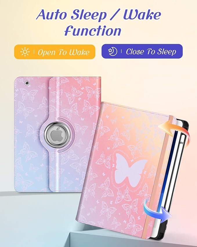 Kidcube for iPad 9th/8th/7th Generation Case 10.2 Inch - for Women Girls Kid Cute Rotating Stand Folio Cover with Pencil Holder & Card Slot Girly Kawaii Butterfly Design for iPad 9th/8th/7th Gen Cases